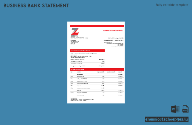 Beispiel- und PDF-Beispiel eines Kontoauszugs vom Geschäftskonto der Zenith Bank